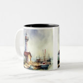 Vuurtoren en boten van Maine Waterverf Art Tweekleurige Koffiemok (Voorkant links)