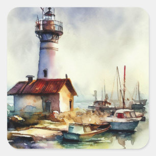 Vuurtoren en boten van Maine Waterverf Art Vierkante Sticker
