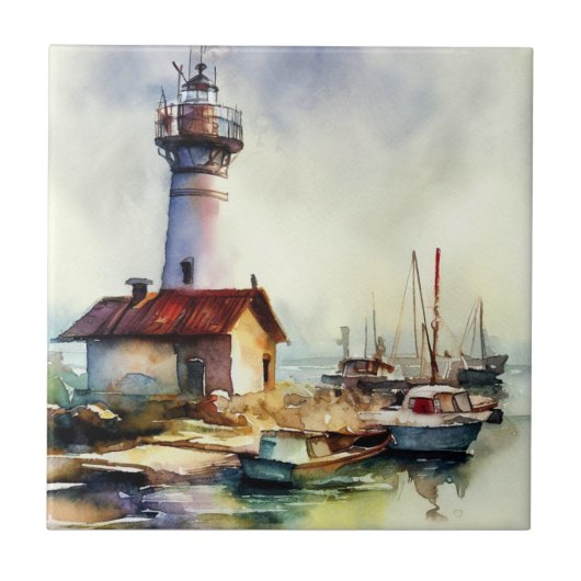 Vuurtoren en boten Waterverf Kunst Tegeltje (Voorkant)