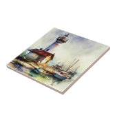 Vuurtoren en boten Waterverf Kunst Tegeltje (Zijkant)