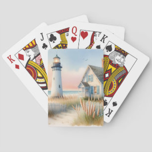 Vuurtoren en cottage aan zee watercolorscene pokerkaarten