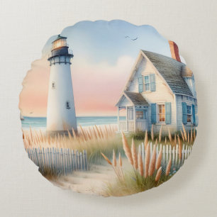 Vuurtoren en cottage watercolorscene aan zee rond kussen