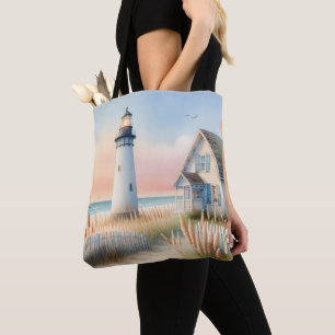 Vuurtoren en cottage watercolorscene aan zee tote bag