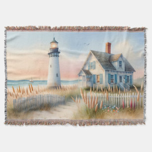 Vuurtoren en huisje aan zee aquarel scène deken