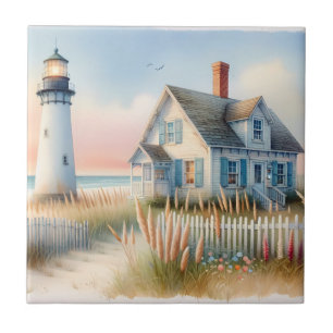Vuurtoren en huisje aan zee aquarel scène tegeltje