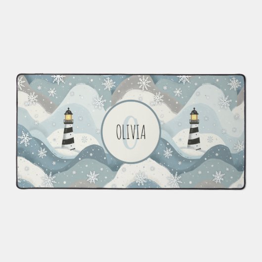 Vuurtoren en ijzige golven Winter Nautisch Monogra Bureaumat (Voorkant)