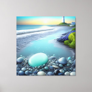 Vuurtoren en kleurrijke kiezelstenen bij zonsopgan canvas afdruk