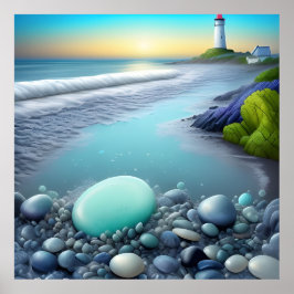 Vuurtoren en kleurrijke steentjes bij zonsopgang poster
