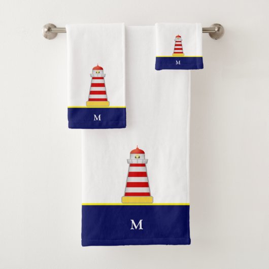 Vuurtoren en monogram op blauw en wit bad handdoek (Insitu)