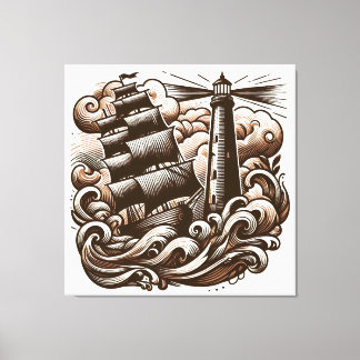 Vuurtoren en schip op het Zee -  gegraveerd Canvas Afdruk
