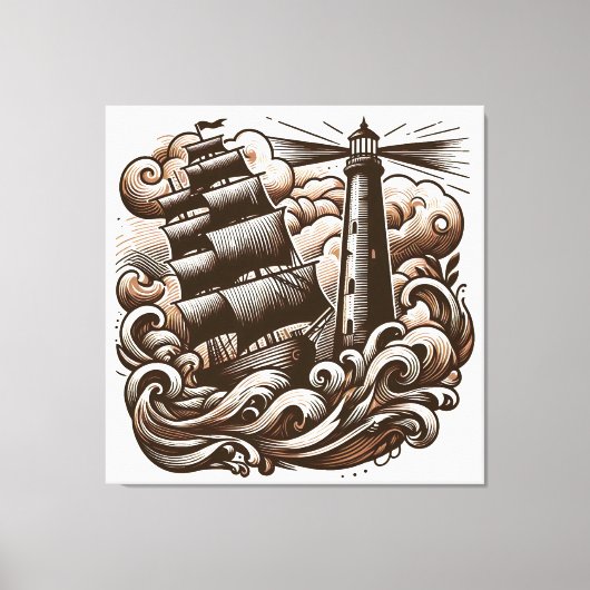 Vuurtoren en schip op het Zee -  gegraveerd Canvas Afdruk (Voorkant)