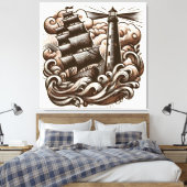 Vuurtoren en schip op het Zee -  gegraveerd Canvas Afdruk (Insitu (Slaapkamer))