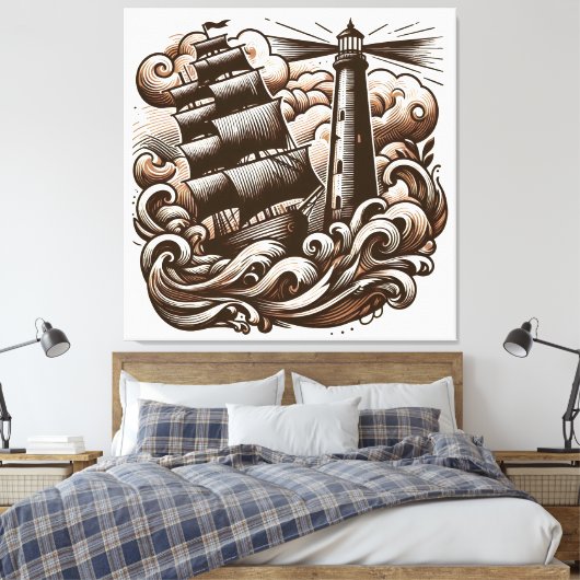 Vuurtoren en schip op het Zee -  gegraveerd Canvas Afdruk (Insitu (Slaapkamer))