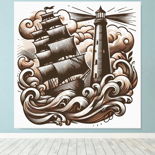 Vuurtoren en schip op het Zee -  gegraveerd Canvas Afdruk (Insitu (Houten vloer))