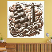 Vuurtoren en schip op het Zee -  gegraveerd Canvas Afdruk (Insitu (Woonkamer))