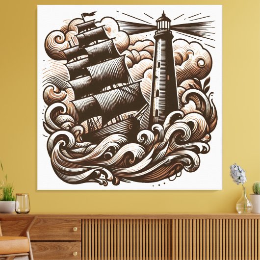 Vuurtoren en schip op het Zee -  gegraveerd Canvas Afdruk (Insitu (Woonkamer))