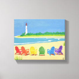 Vuurtoren en Strandstoelen Canvas Afdruk