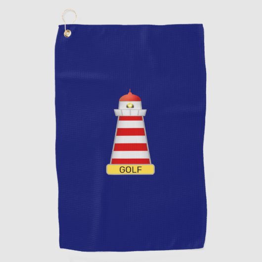 Vuurtoren en tekst op marineblauw golfhanddoek (Voorkant)