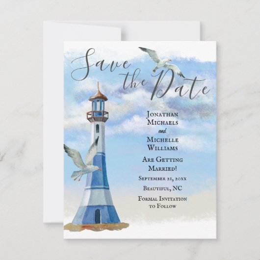Vuurtoren en zeemijlen Nautical Beach Wedding Save The Date (Voorkant)