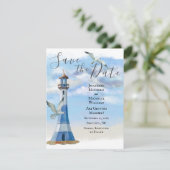 Vuurtoren en zeemijlen Nautical Beach Wedding Save The Date (Staand voorkant)