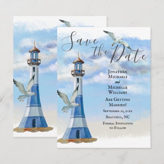 Vuurtoren en zeemijlen Nautical Beach Wedding Save The Date (Voorkant / Achterkant)