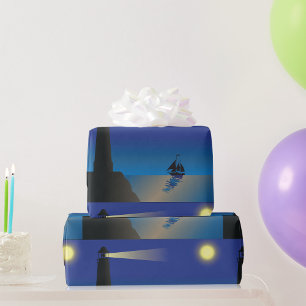 Vuurtoren en zeilboot bij nacht maanverlichte ocea cadeaupapier