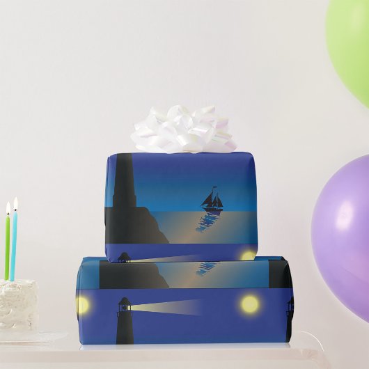 Vuurtoren en zeilboot bij nacht maanverlichte ocea cadeaupapier