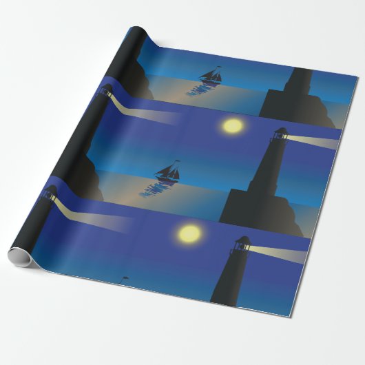 Vuurtoren en zeilboot bij nacht maanverlichte ocea cadeaupapier (Uitgerold)
