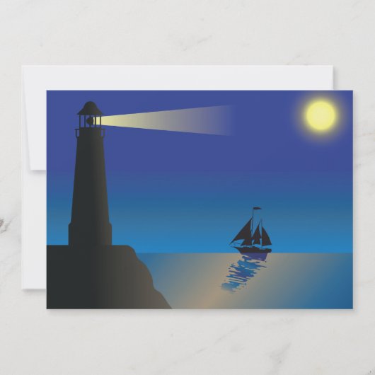 Vuurtoren en zeilboot bij nacht maanverlichte ocea kaart (Voorkant)