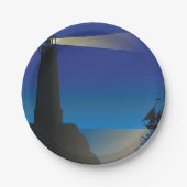 Vuurtoren en zeilboot bij nacht maanverlichte ocea papieren bordje (Voorkant)