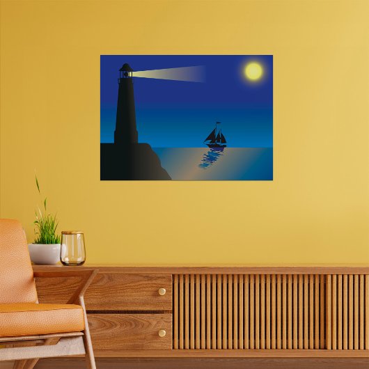 Vuurtoren en zeilboot bij nacht maanverlichte ocea poster