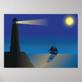 Vuurtoren en zeilboot bij nacht maanverlichte ocea poster (Voorkant)