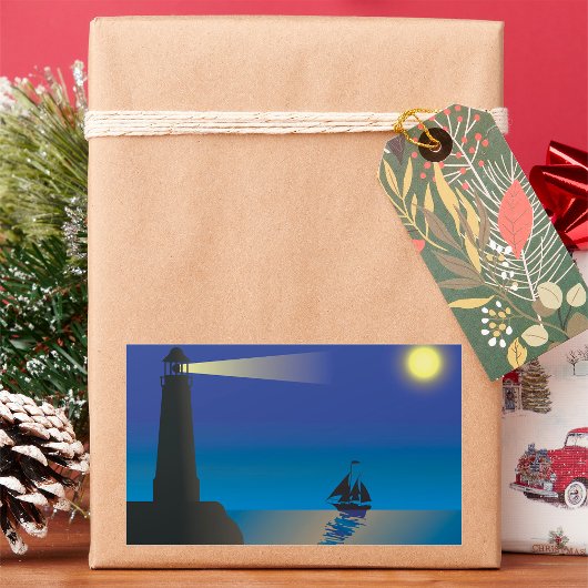 Vuurtoren en zeilboot bij nacht maanverlichte ocea rechthoekige sticker