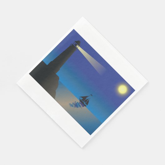 Vuurtoren en zeilboot bij nacht maanverlichte ocea servet (Hoek)