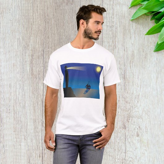 Vuurtoren en zeilboot bij nacht maanverlichte ocea t-shirt