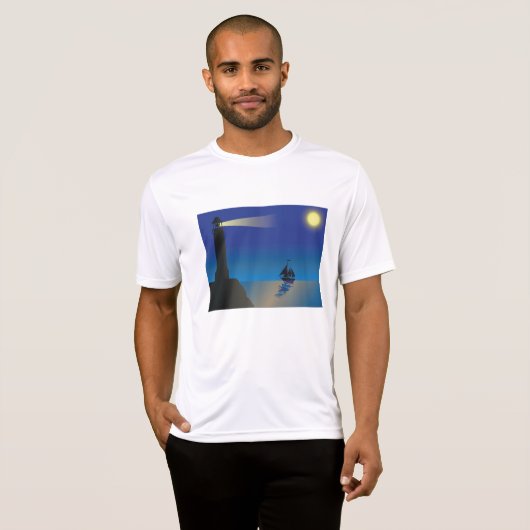 Vuurtoren en zeilboot bij nacht maanverlichte ocea t-shirt (Voorkant volledig)