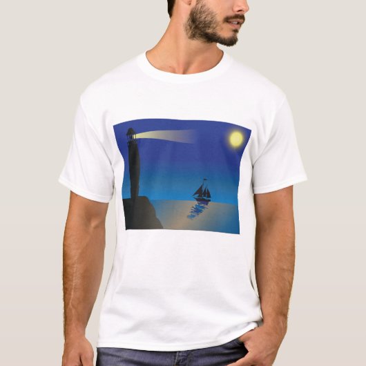 Vuurtoren en zeilboot bij nacht maanverlichte ocea t-shirt (Voorkant)