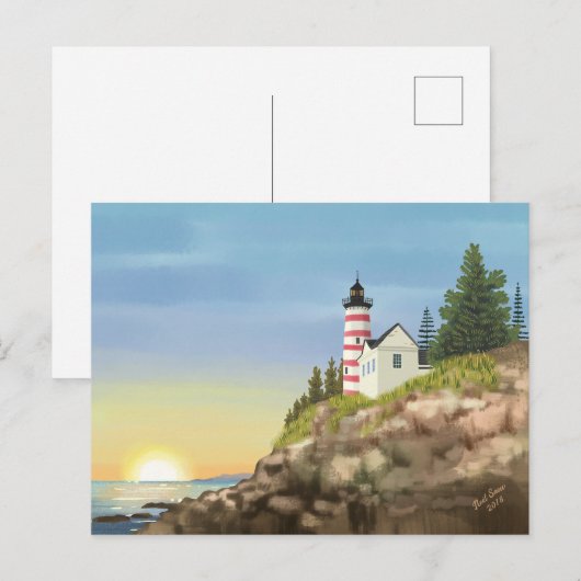 Vuurtoren en zonsondergang briefkaart (Voorkant / Achterkant)