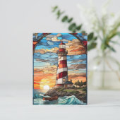 Vuurtoren en zonsondergang Glas in lood Illustrati Briefkaart (Staand voorkant)