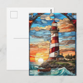 Vuurtoren en zonsondergang Glas in lood Illustrati Briefkaart (Voorkant / Achterkant)