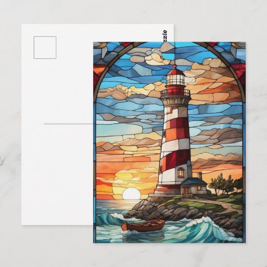 Vuurtoren en zonsondergang Glas in lood Illustrati Briefkaart (Voorkant / Achterkant)