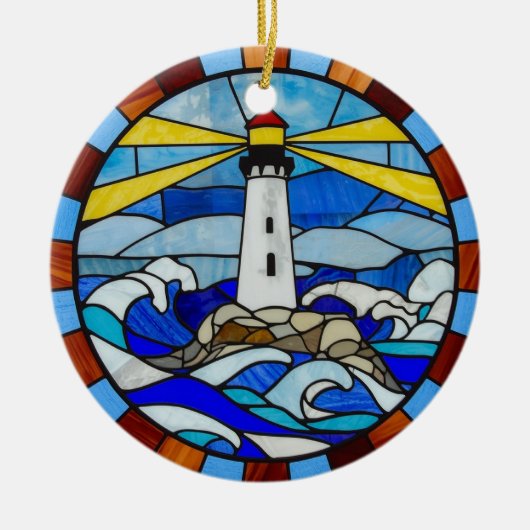 Vuurtoren Glas-in-Lood Ontwerp Keramisch Ornament (Voorkant)