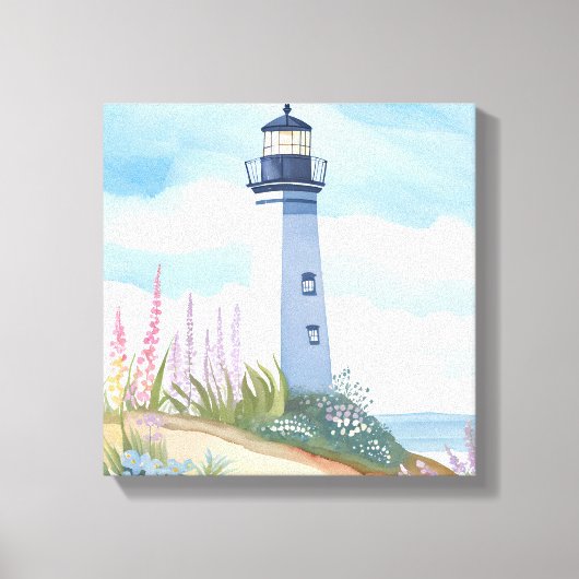 Vuurtoren in bloei | Kust waterverf bloem Canvas Afdruk (Voorkant)