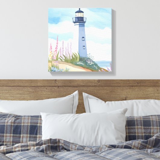 Vuurtoren in Bloom | Waterverf langs de kust Canvas Afdruk (Insitu (Slaapkamer))