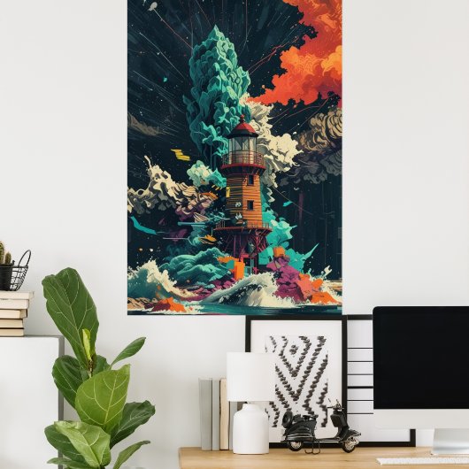 Vuurtoren in het Storm Ai poster (Thuiskantoor)