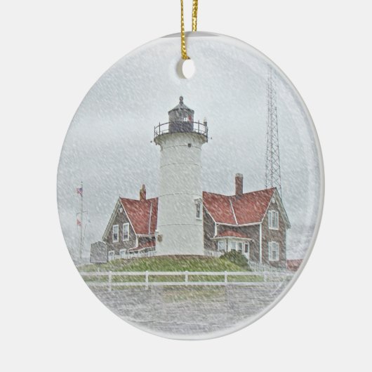 vuurtoren in Sneeuwkerst Keramisch Ornament (Links)