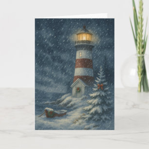 Vuurtoren in Snowstorm Christmas Kaart