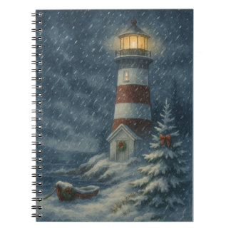Vuurtoren in Snowstorm Christmas Kaart Notitieboek