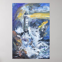 Vuurtoren in Stormachtige Zee Impasto Acryl Schild