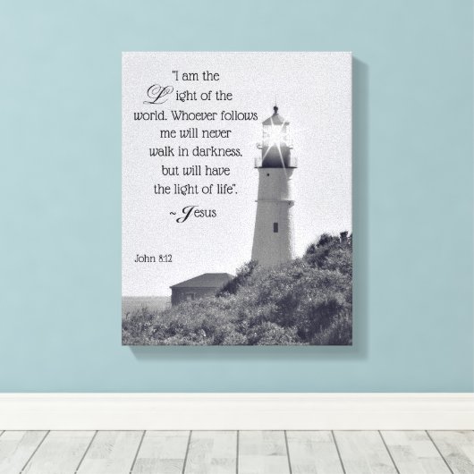 Vuurtoren Johannes 8:12 Omwikkeld doek Canvas Afdruk (Insitu (Houten vloer))